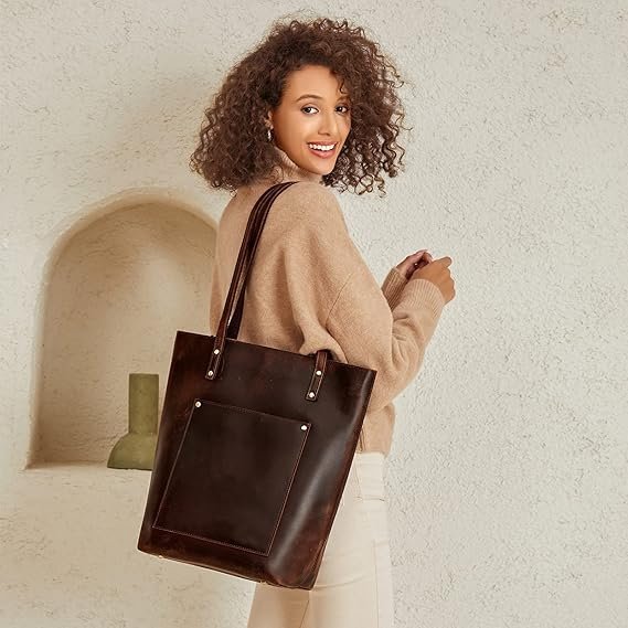 Women’s Vintage Leather Tote – Laptop Shoulder Bag - Image 2